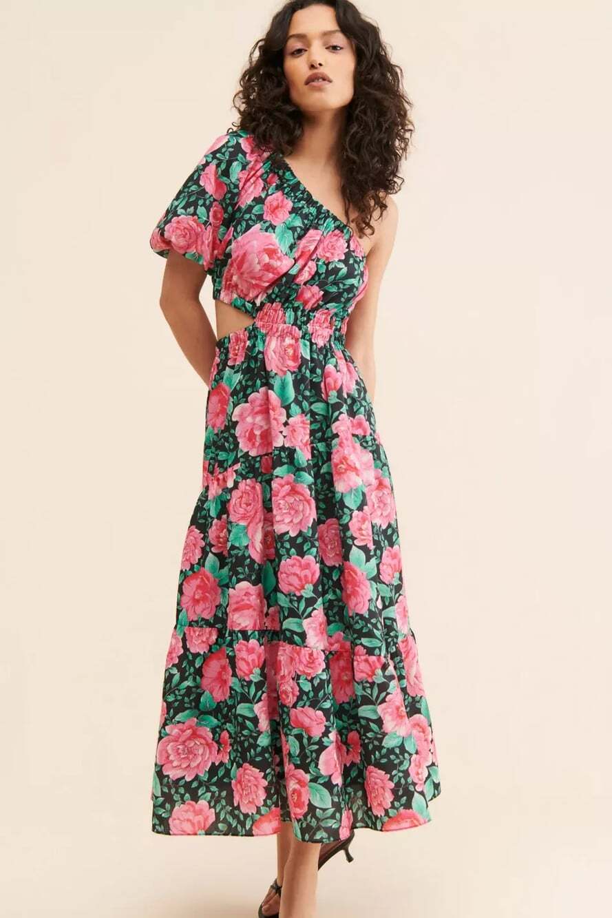 Moon River Size XS Floral Print Puff One-Shoulder Cut-Out Tiered Maxi Dress NWT